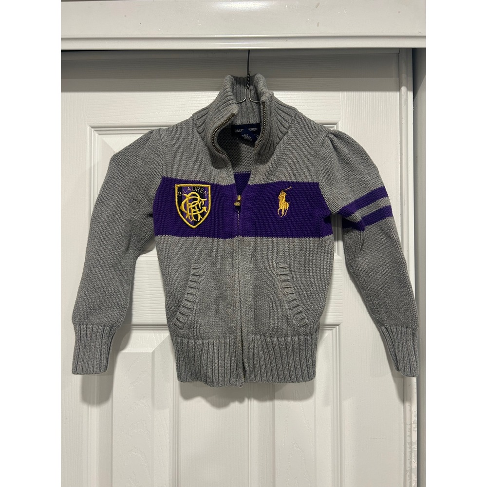 Ralph Lauren Kids Gray Purple Zip Front Knit Cardigan Sweater Size 5